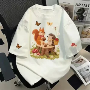 100%精梳棉~松鼠刺猬2026轻奢男女T恤圆领时尚高级新款