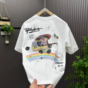 100%精梳棉~大气潮流街头少年感企鹅弹吉他日常百搭宽松遮肉字母简洋气