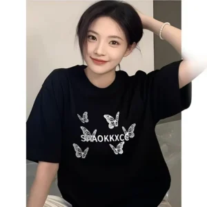 100%精梳棉~甜美风温柔温柔宽松慵懒百搭设计大气清新凉快简笔画蝴蝶