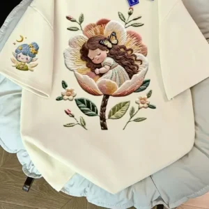 100%精梳棉~手绘仿刺绣睡梦女孩三印花高级新款百搭休闲爆款