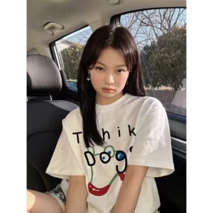 100%精梳棉~多巴胺线条狗彩色温柔宽松慵懒百搭设计大气清新凉快