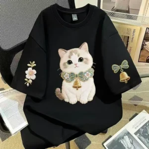 短袖2026轻奢男女T恤圆领时尚高级新款显瘦小猫可爱