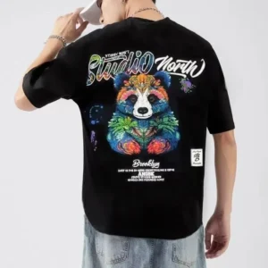 100%精梳棉~慵懒风上身国风熊猫质感潮流街头少年感涂鸦版日常百搭宽松