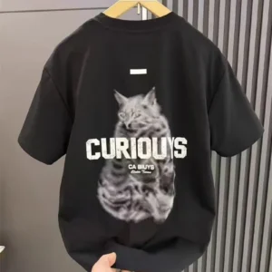 100%精梳棉~潮流街头简约不挑人素描小猫咪字母简约日常百搭宽松遮肉简洋气