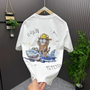 100%精梳棉~大气潮流街头少年感小猫吃鱼涂鸦版日常百搭宽松轻薄透气不沾身