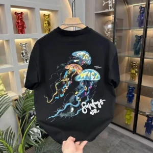 100%精梳棉~慵懒风上身超有质感彩色手绘版水母潮流街头少年感涂鸦版