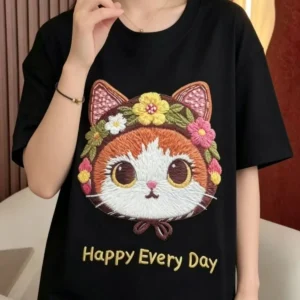 100%精梳棉~仿刺绣手绘小猫高级新款百搭休闲时尚