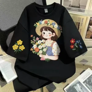 100%精梳棉~短袖2026 草帽女孩高级新款百搭休闲时尚